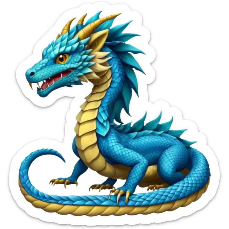 Mušḫuššu, mythic hybrid: blue or turquoise dragon-snake body, lion mane, lion forelegs, eagle talons, horned dragon head, lizard tail, ancient and regal sticker