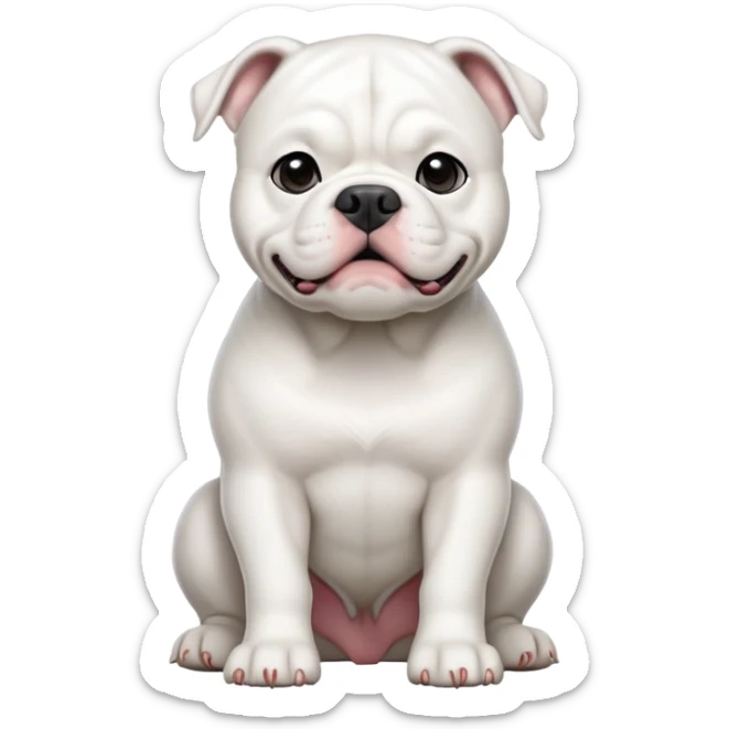cinematic-[solid white american bulldog]-realistic-full-body-sitting-emoji,-tail-resting-loosely-beside-its-paws,-head-tilted-dramatically,-sleek-[solid white]-fur,-simplified-yet-realistic-focused-features,-highly-detailed,-glowing-with-an-almost-sarcastic-glow sticker