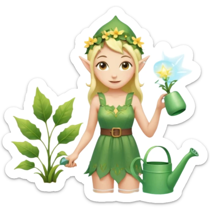 elf female tending to glowing beach plants, floral sundress, watering can or magic light, pointy ears, gentle smile, centered emoji, pastel magic sticker