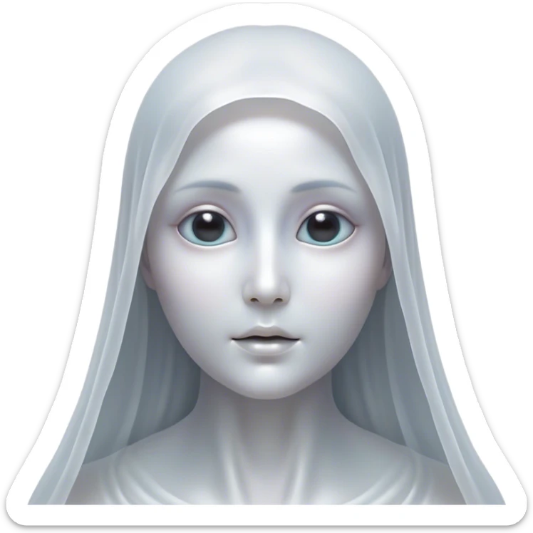 Cinematic Noble Ghost Portrait Emoji, Ethereal and dignified, with a flowing, translucent form in silvery-white hues, wispy and majestic, and a calm, otherworldly expression with deep, thoughtful eyes, simplified yet sophisticated features, highly detailed, glowing with a soft, spectral radiance, high shine, exuding regal mystery and quiet authority, with a soft glowing outline that captures the essence of a ghostly guardian drifting from another realm! sticker