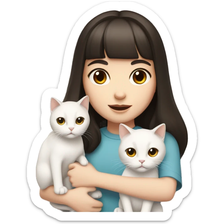 A pale girl with dark brown hair and dark brown eyes and bangs holds a white cat in her hands sticker