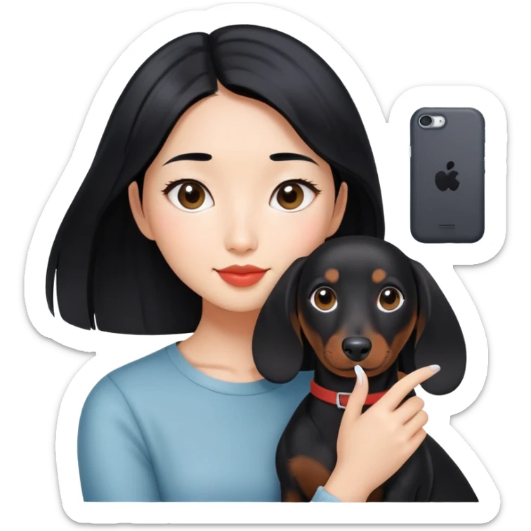black hair asian girl taking selfie with black dachshund sticker