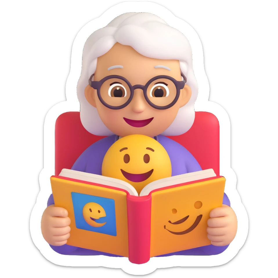 3D smiley emoji, round shape, grandmother reading a story to a grandchild, pink color, smiling face sticker