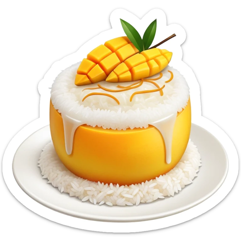 cinematic-realistic-mango-sticky-rice-dessert-emoji,-showcasing-sweet-sticky-rice out of a mould-paired-with-ripe-mango-slices-and-coconut-milk-rendered-with-lifelike-detail-and-warm,-inviting-lighting with the coconut  milk over the rice sticker