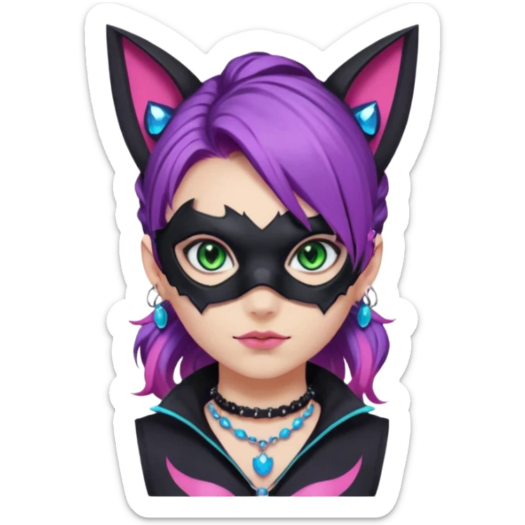 Girl with green eyes, wearing a bat mask with pink stones around her eyes, her hair tied in a ponytail, the hair is purple with blue and pink streaks, with black cat ears with pink stones around, wearing a black shirt that covers the neck, and a sleeveless blue jacket, and a necklace of pink stones sticker