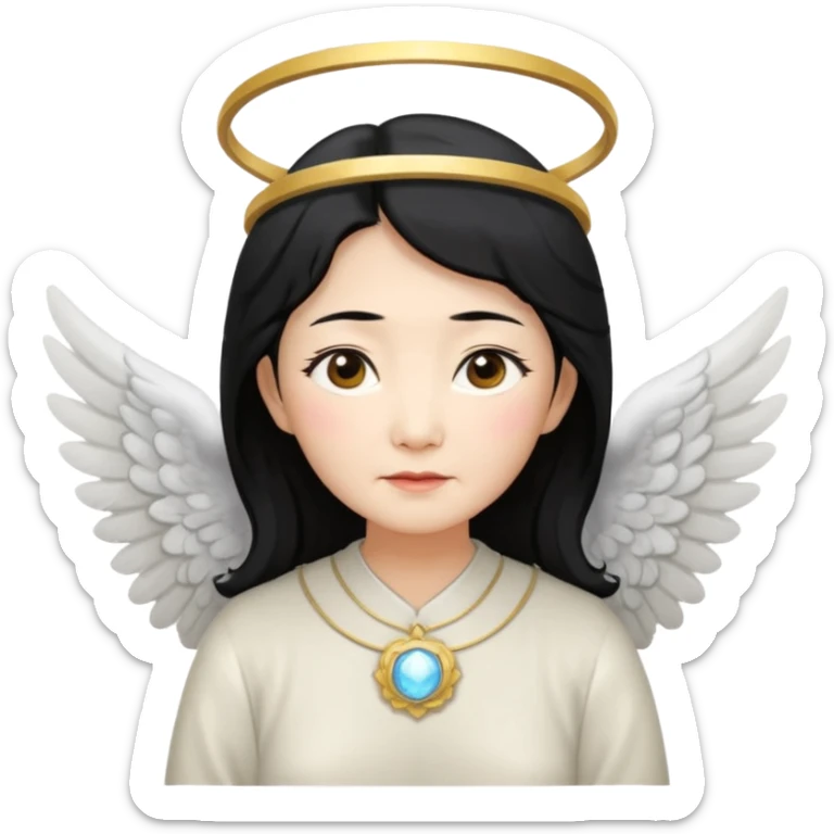 Angel Old Lady with wings black hair asian  smaller eyes w halo sticker