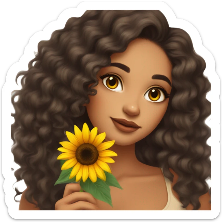 Pretty tan skin Latina with long dark curly hair . Very pretty cat eye makeup . Shes holding a sunflower in her hand  sticker