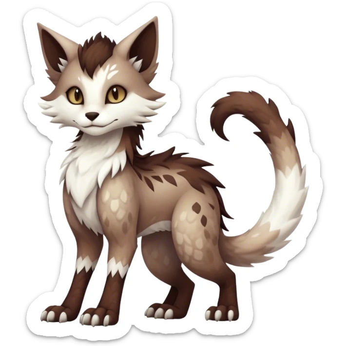 Kawaii dark edgy brown beige white fantasy ethereal feline-vernid-sergal-fursona animal creature with a tufted tail full body with intricate markings  sticker