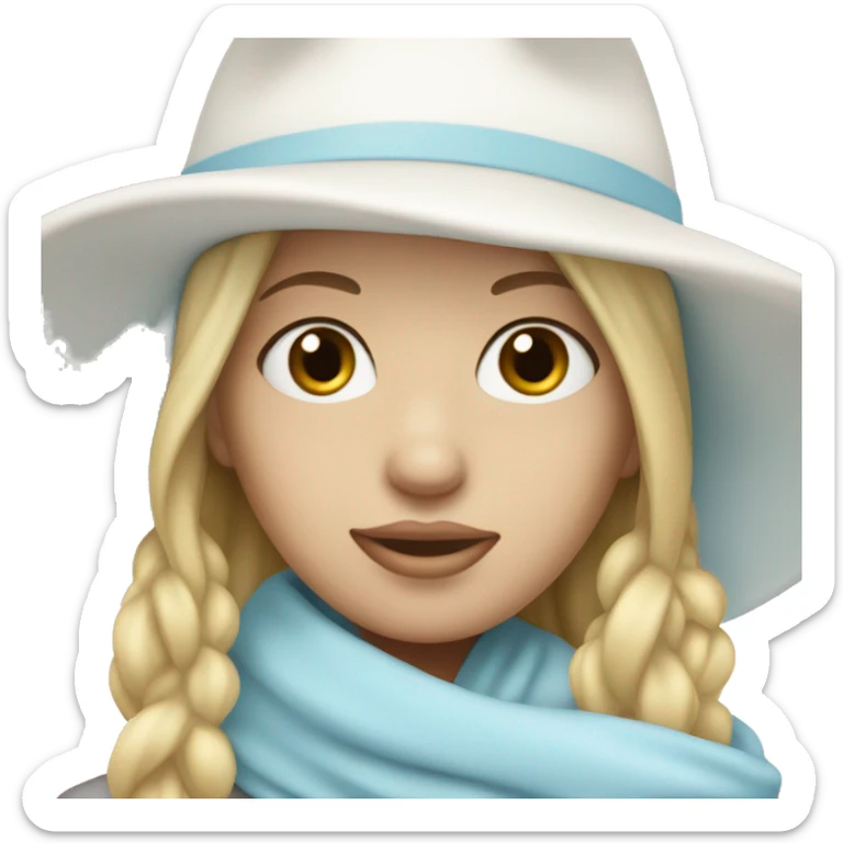 blonde girl in a white hat and pastel blue scarf covering half of her face sticker