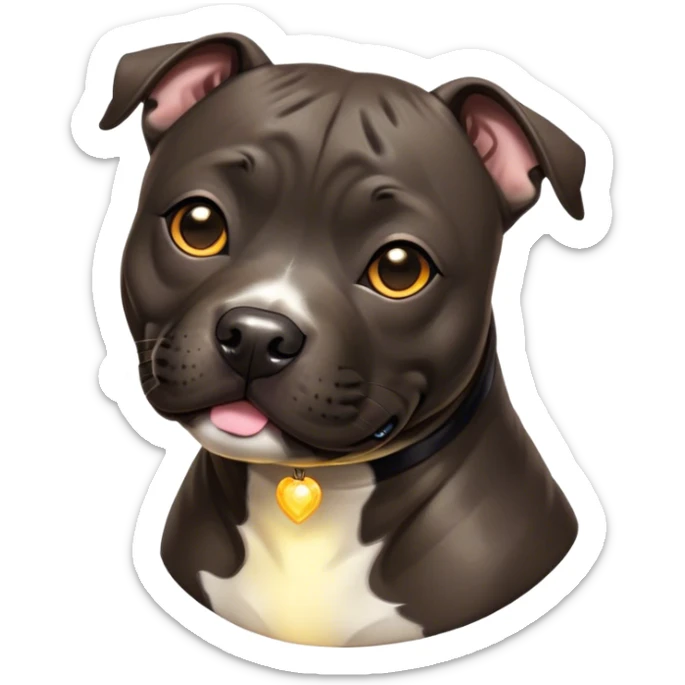 Cinematic Cute Black/Brindle Staffordshire Bull Terrier Portrait Emoji, Head tilted playfully and inquisitively, featuring a glossy Fur with a dynamic mix of black and brindle, round, sparkling dark eyes filled with curiosity, Simplified yet irresistibly adorable features, highly detailed, glowing with a warm, friendly glow, high shine, affectionate and spirited, stylized with a touch of whimsy, bright and endearing, soft glowing outline, capturing the essence of a mischievous yet loving pup, so playful it feels like it could bound out of the screen and into your arms! sticker