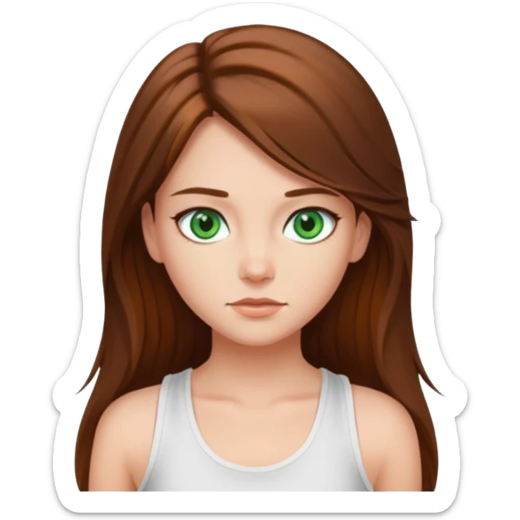 A girl with long brown hair, green eyes, and a white tank top; she doesn't have bangs. sticker