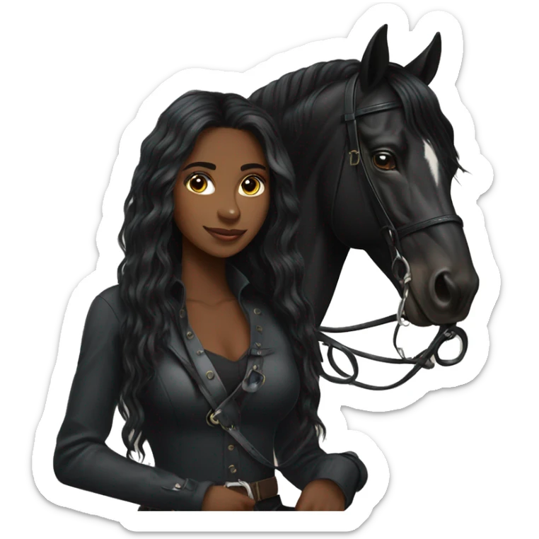 Pretty black equestrian woman long hair holding black stallion reins sticker