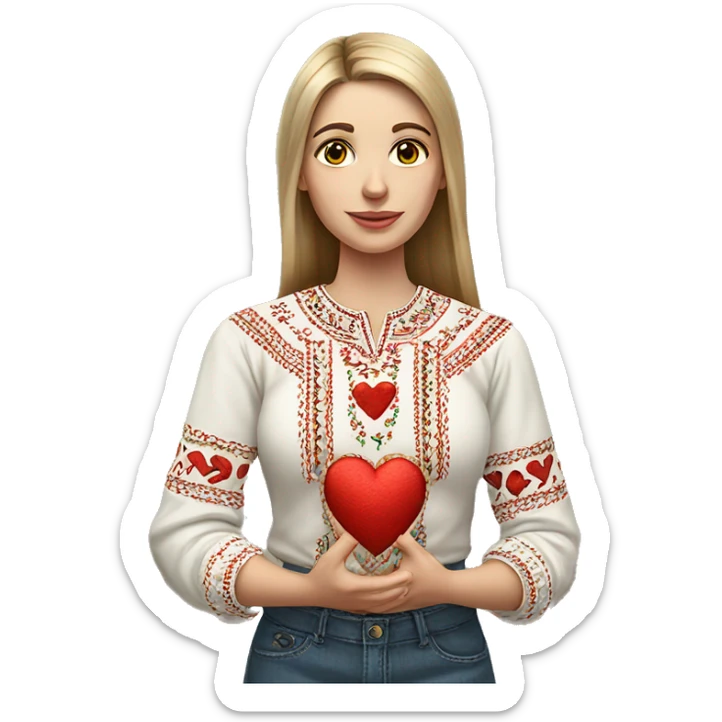 A Ukrainian woman in an embroidered shirt holds a heart in her hands sticker