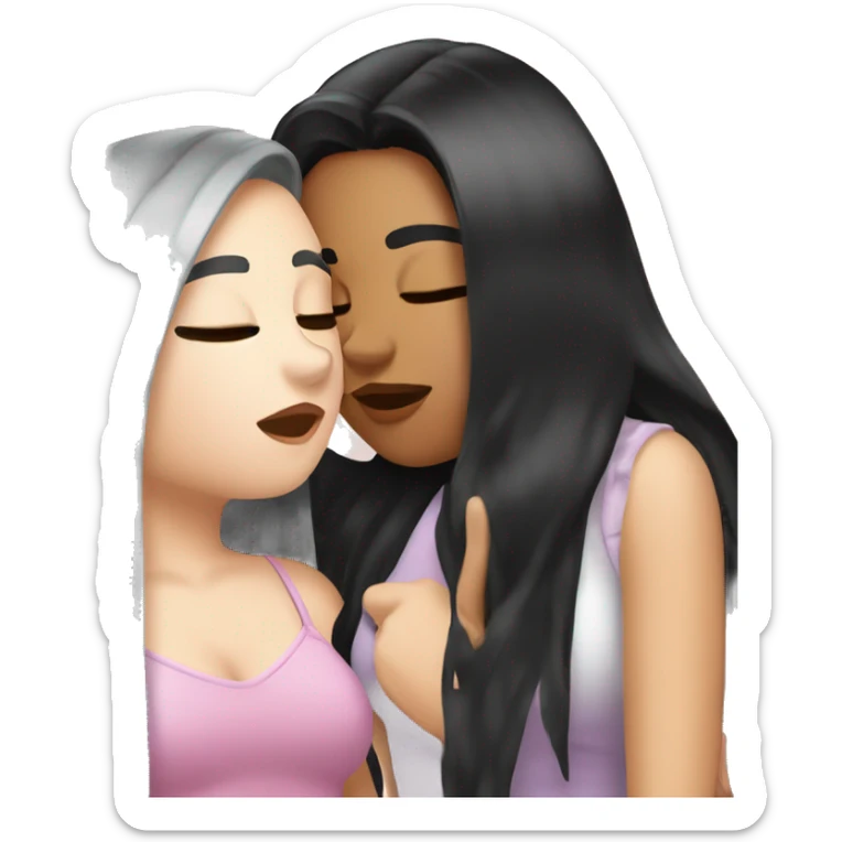 A girl kissing another girl on the cheek, both are blushing. They both have white skin and long black hair sticker