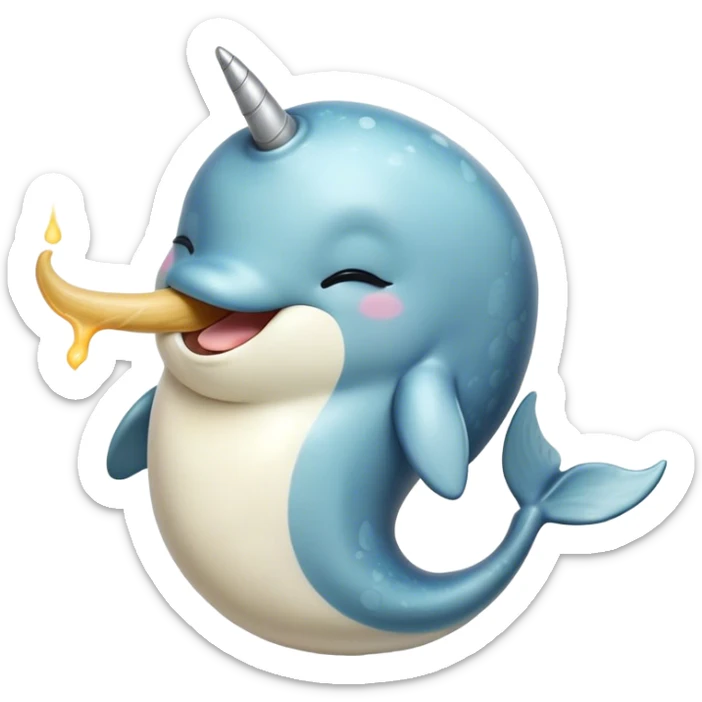 Cinematic Cute Yawning Narwhal Portrait Emoji, Head tilted slightly with a dramatic, wide-open yawn, showcasing a streamlined, mottled body with a gracefully curled ivory tusk and sleepy, half-closed eyes, Simplified yet irresistibly adorable features, highly detailed, glowing with a soft, cozy arctic glow, high shine, relaxed yet expressive, stylized with a hint of whimsical marine ease, soft glowing outline, capturing the essence of a drowsy yet affectionate narwhal that appears ready to stretch out for a nap! sticker