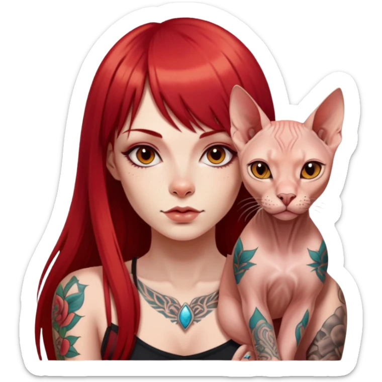 “A girl with long straight red hair and straight bangs, tattoos on her body, and a Sphynx sticker