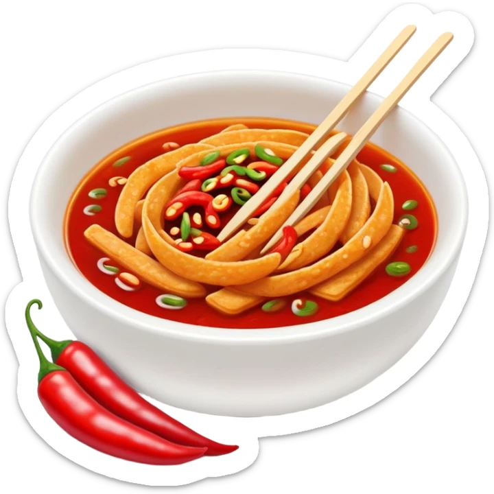 Spicy Gluten Strips in bowl with red chili oil, simplified emoji style with bold outlines and bright colors, cartoon style Chinese street food Mala Jisi sticker
