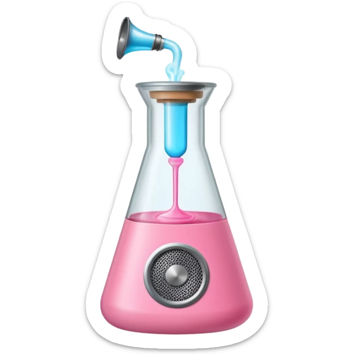 bublegum pink flask beaker with music coming out, as well as a vintage audio speaker sticker