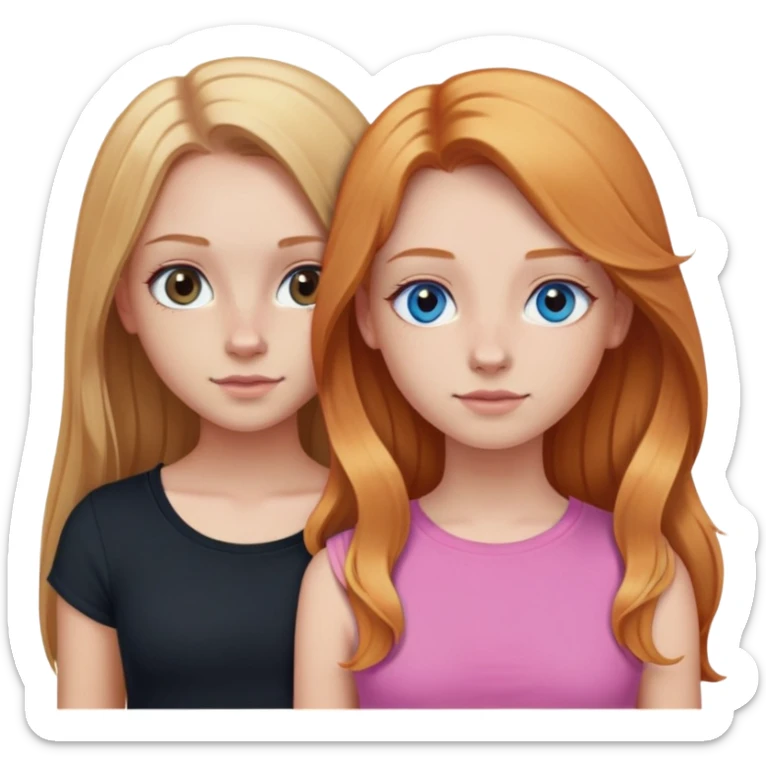 Two girls together. Girl 1: blonde long straight hair, hazel eyes, pink crop top.  girl 2:  long wavy ginger hair, blue eyes, nose ring, black shirt sticker
