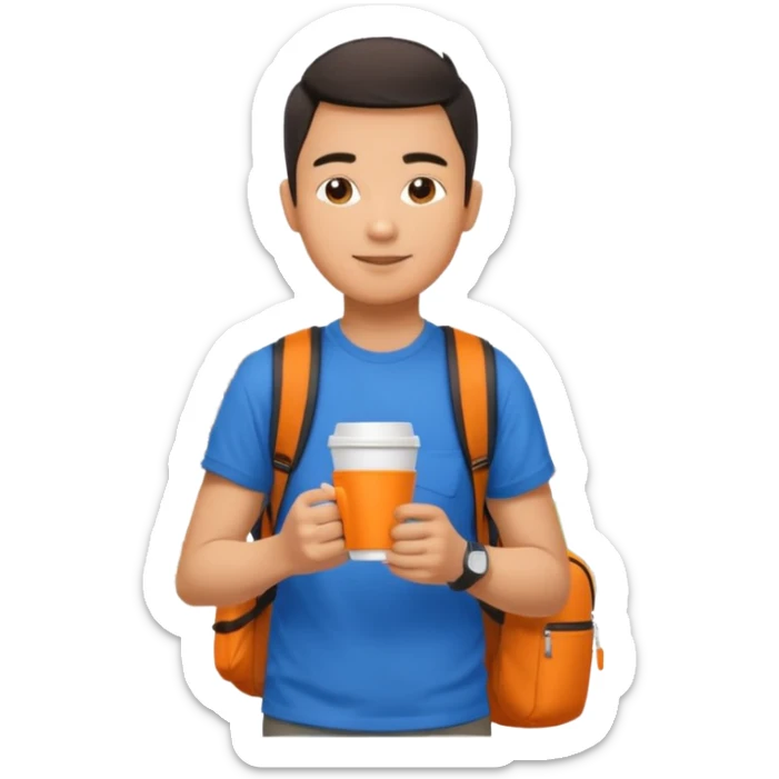 an asian man in blue t-shirt with orange cup of coffee and backpack on the back. Eiffel tower on the background sticker