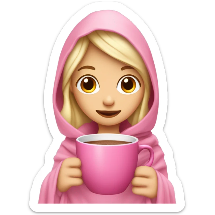 blonde girl with a pink blanket over her head with a cup of hot chocolate in a pink mug sticker