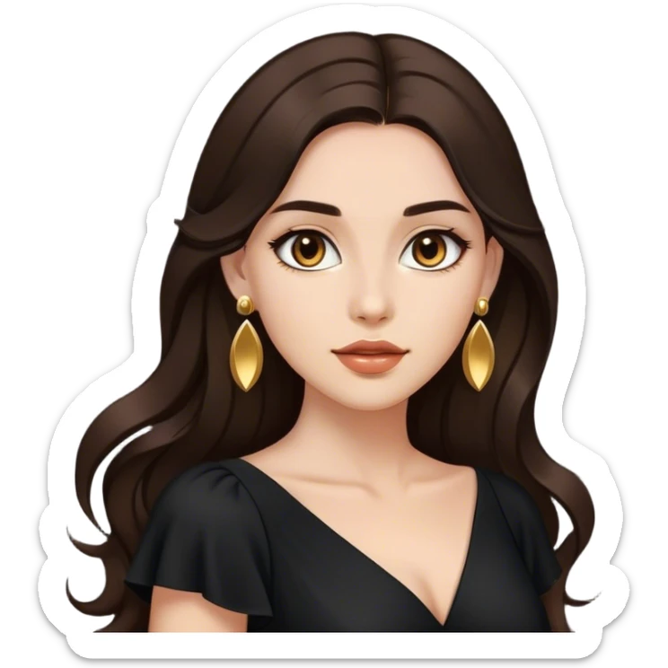 Beautiful woman,cute, long dark brown hair in dark dress with gold earrings sticker