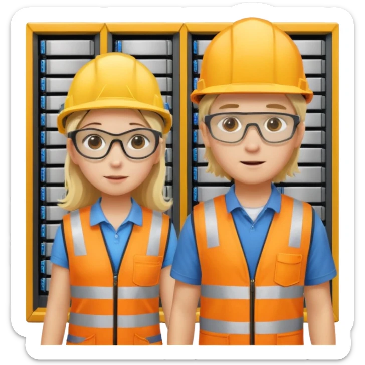 Create a emoji of boy and girl(blond hair) pushing Data center rack servers. They wearing helmet, ear protection, safety glass, orange vest. Yellow drill and wrench on the ground and pockets. Coppers sticker