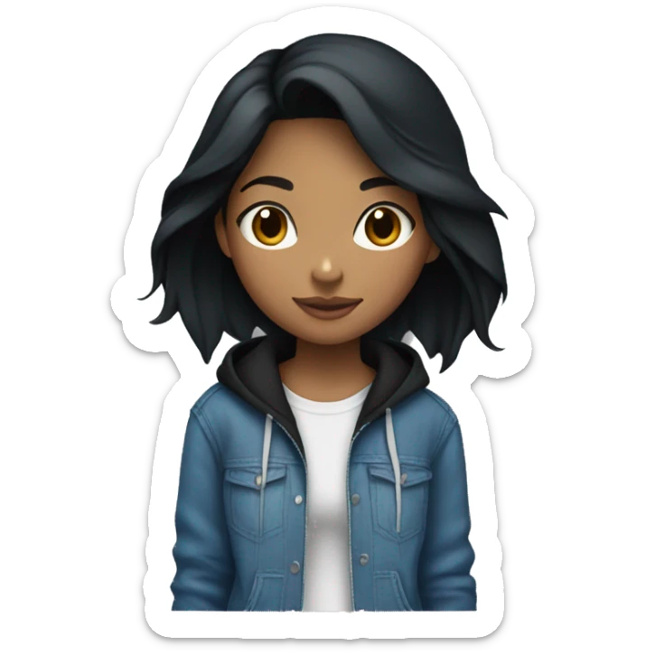 girl with black hair wearing blue baggy jeans and a black hoodie sticker