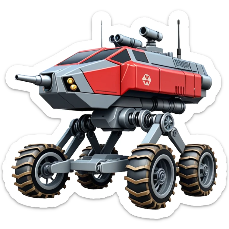unstoppable American 8-wheel armored personnel sporty self-balancing army massive mech trail vehicle shooting forward side-hill leaning actively robotically articulating hydraulic independent suspended pod gimbal enemy mech off-road racing rover with large fast engine RC basher crawler megatron  sticker