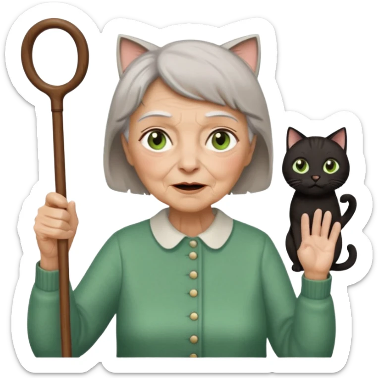 A grouchy old lady with a wooden cane in her hand waving it in the air shouting out "Stay Off My Lawn!" Hair Is short brown with some grey in it eyes are brown also  a pure black cat with big green eyes sitting on her left shoulder. The cat has her left paw up sticker