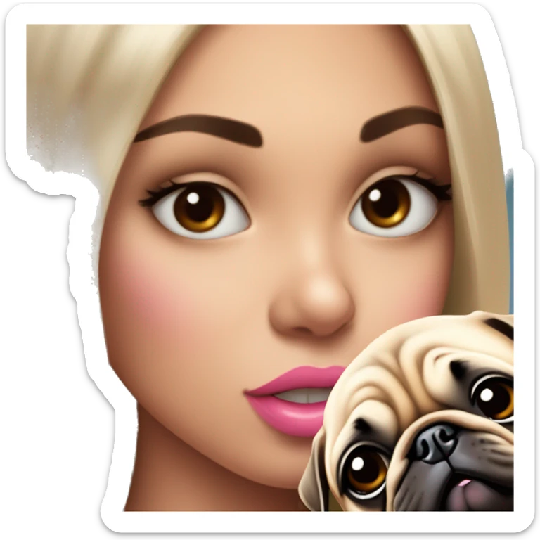 A young girl with long lashes pink lips morena clara kissing her small pug sticker