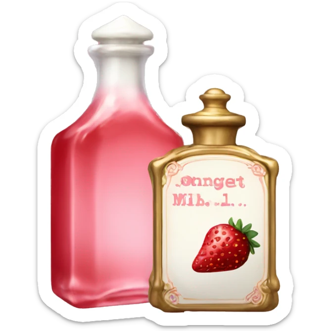 Antique parfumerie bottle with oil, made of red crystals, white cream and pink strawberry milk pour from the bottle sticker