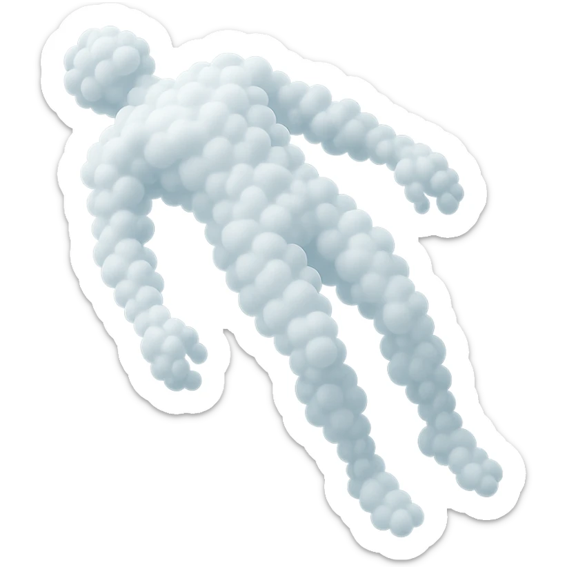 an unconscious person flying upwards by the torso, legs and arms downwards, made of small very bright white fluffy convex clouds, matte glass style sticker