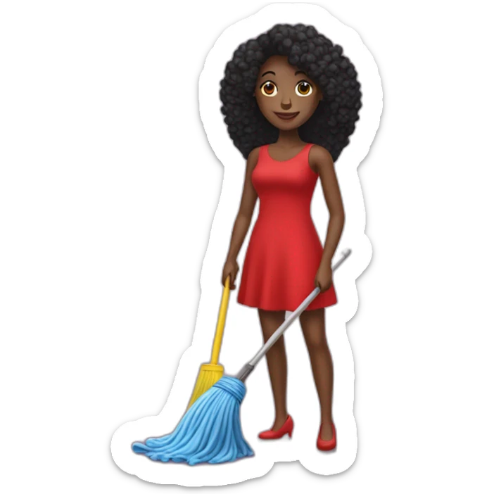pretty black lady in a red dress holding a bucket and a mop sticker