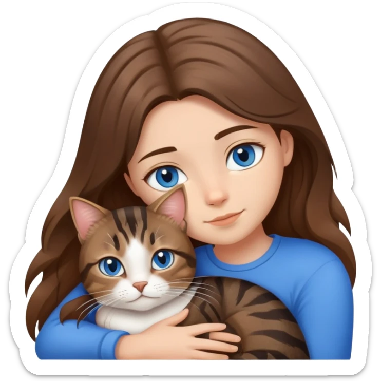 black and brown tabby cat cuddles white human girl with medium long brown hair and blue eyes sticker