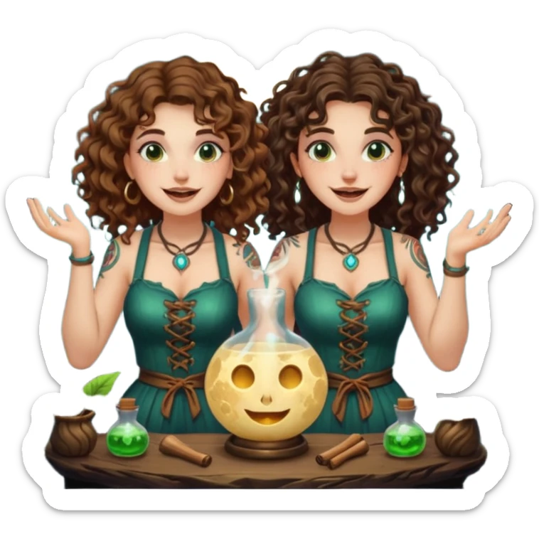 forest alchemist duo two women curly long hair tattooed and short brown hair mixing glowing moon potion together excited faces sticker