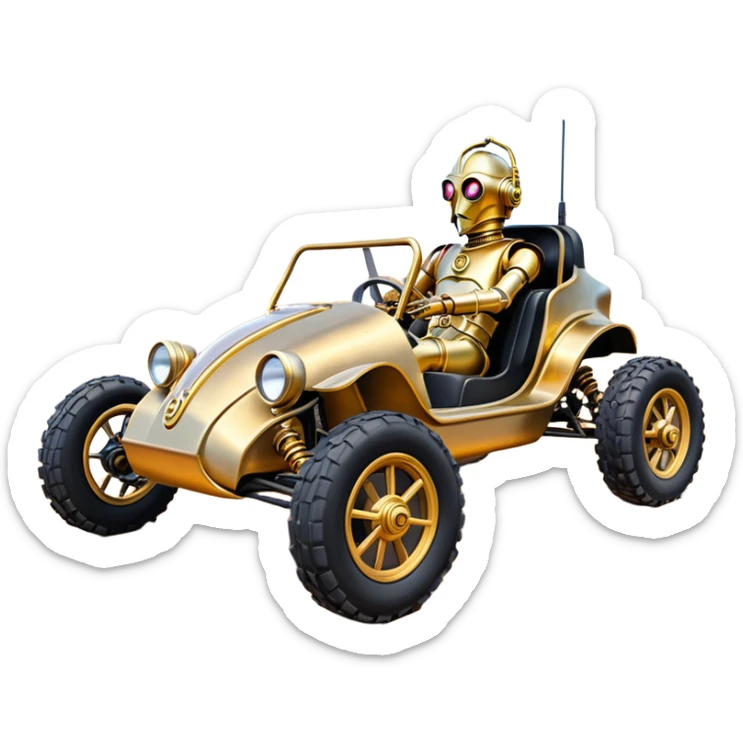  tarnished neon underglow C-3PO ghost buster 1964 delicately ornate rosegold wood accents painted Model-T dune buggy buckboard powered by electric motors and batteries with racing safety belts while flying rapidly roughening terrain stable on strong agile advanced suspension and steering sticker