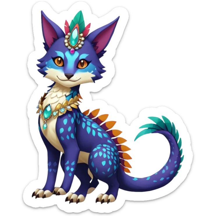 Kawaii cute dark deep colorful warm-colored exotic tropical beautiful pretty elegant divine edgy feline-vernid-sergal-Fakémon-Pokémon-fursona-animal-creature with accessories, jewelries, full body, with intricate detailed markings, feathers, crystals, fins, scales, headdress sticker