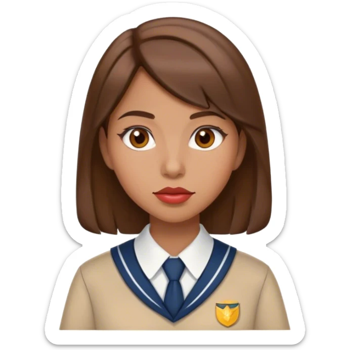 IOS emoji women, Medium-length brown hair, brown eyes, big lips, in school uniform sticker