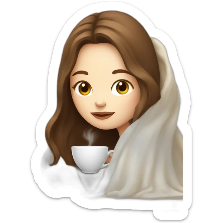 girl with pale skin and brown long hair inside a white blanket sipping coffee eyes closed behind a laptop sticker