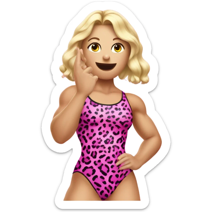 Tall blonde Caucasian muscular woman wrestler with pink big lips wearing a pink leopard print leotard blowing a kiss sticker