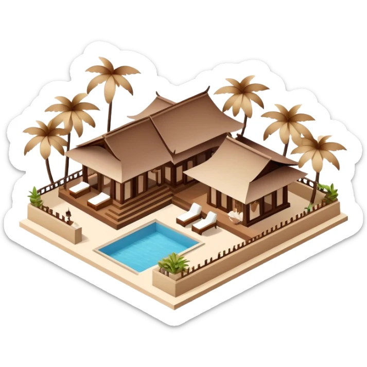 Isometric exterior brown and beige luxury Balinese beach resort restaurant, dollhouse style 3D realistic  sticker