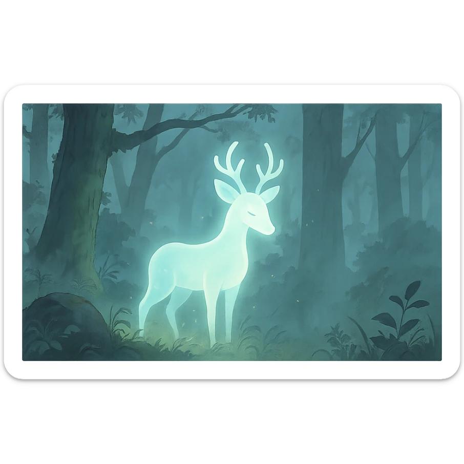 glowing animal-like forest spirit in a misty woodland, ethereal and gentle, ghibli style sticker