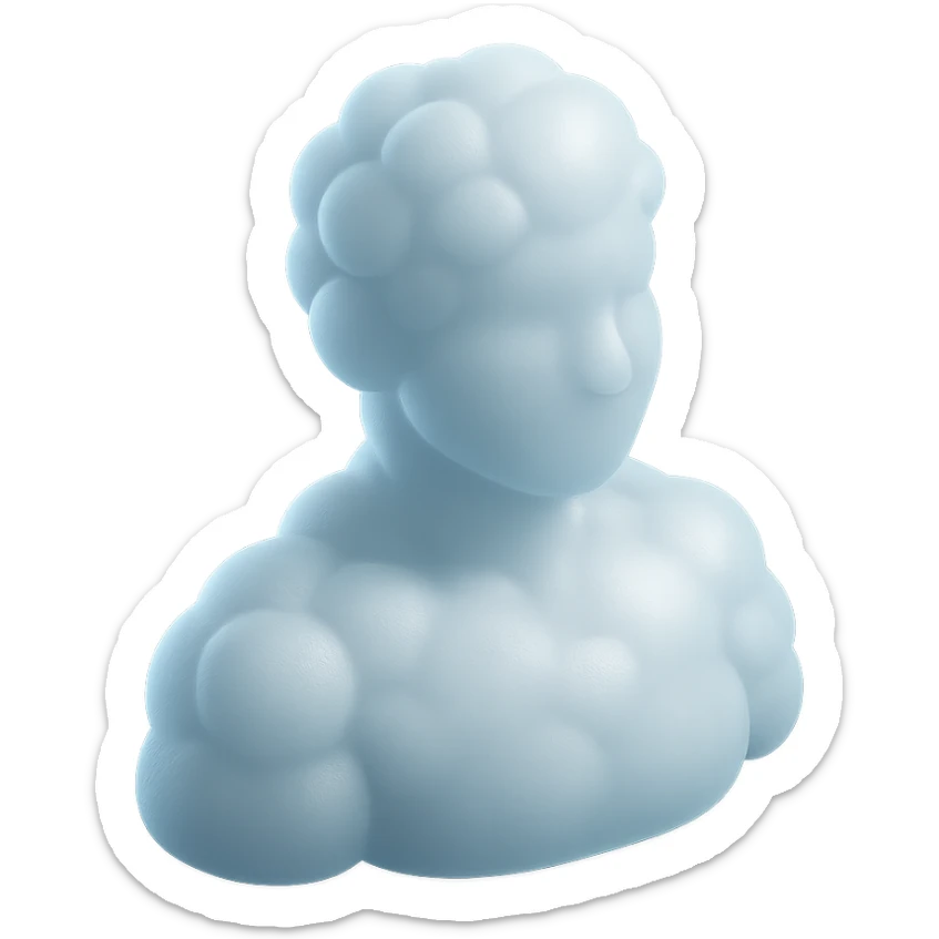 person made entirely of white fluffy convex clouds, shoulders up, front view, matte glass style sticker