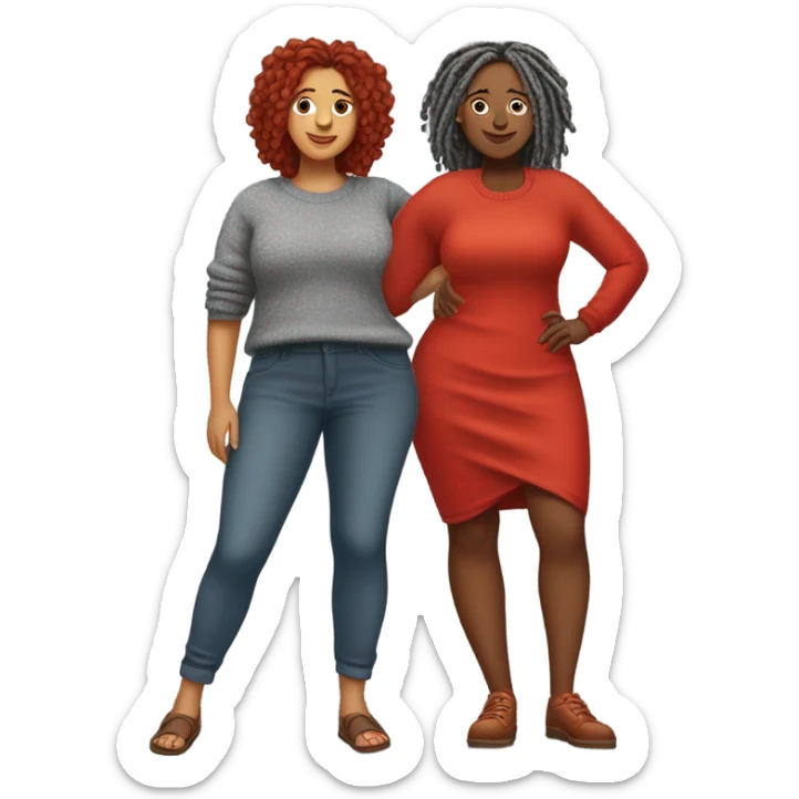 Curvy woman with gray locs wearing pants , other curvy woman is brown with red locs in a knee-length dress with a cozy sweater shopping sticker