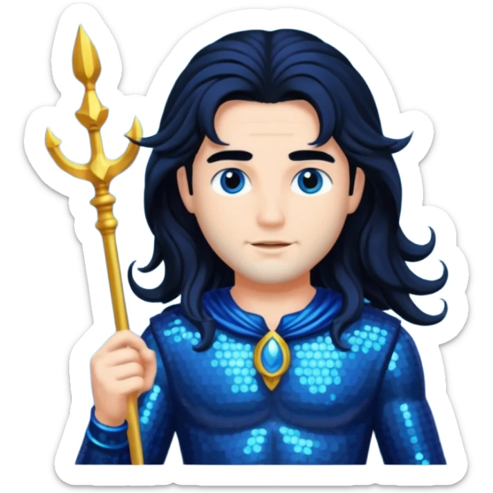 Neptune, God of Sea from Gods and Goddesses with long jet black hair, dark blue sequin outfit sticker