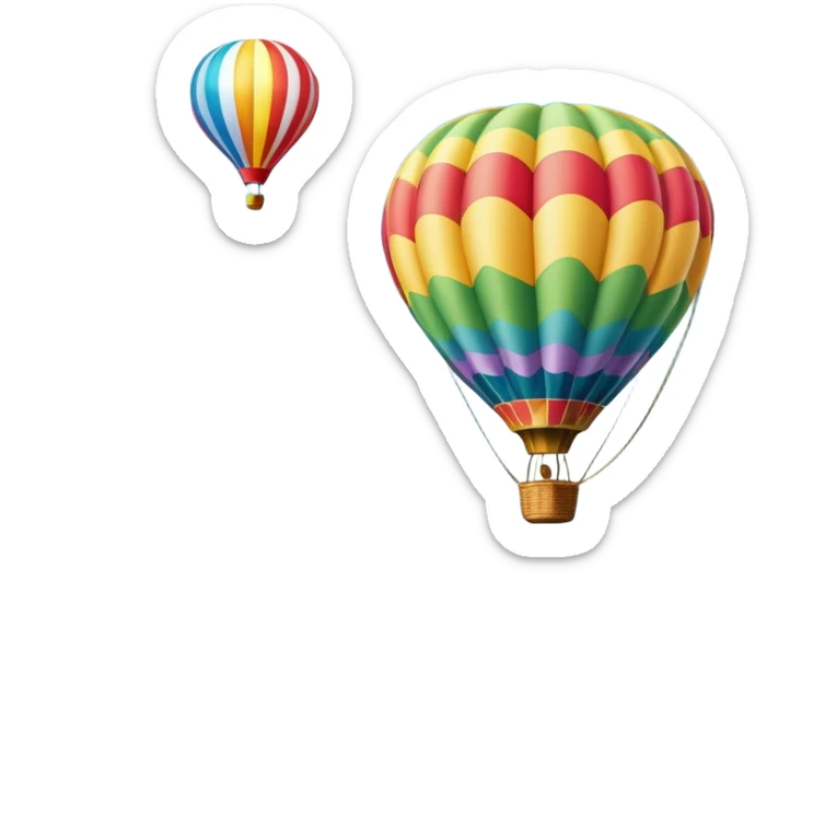 A colorful hot air balloon floating gracefully above the ground, with a clear sky and distant hills in the background. The balloon's vibrant colors stand out against the soft clouds, capturing the peaceful yet adventurous spirit of hot air ballooning. sticker
