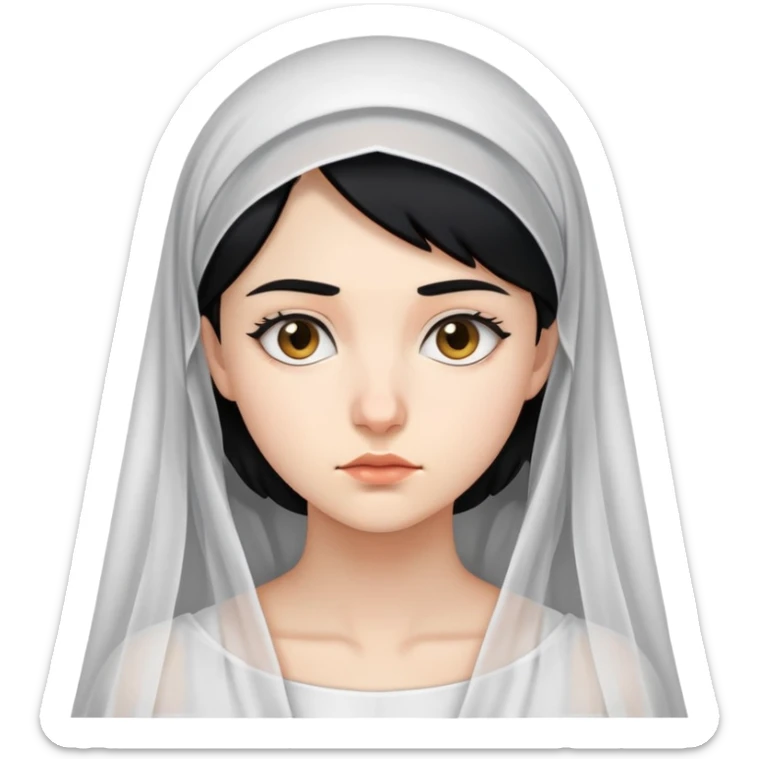 "- Nữ
- 20 tuổi
- Da trắng
- Tóc đen
- Đầu đội lúp trắng
- Mặt nghiêm túc
" sticker