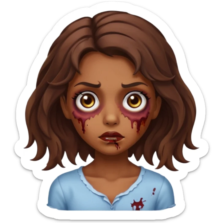 Garota zumbi com cabelos castanhos ondulados médio, olhos castanhos grandes e cílios longos  sticker