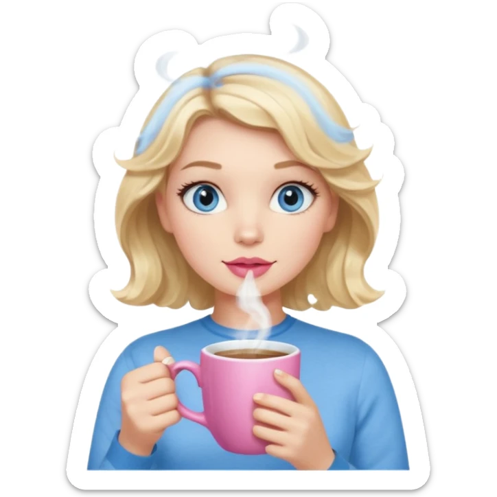 Girl Blonde short wavy hair,  blue eyes, cute blue top, long lashes, pink lips, holding hot white coffee mug sticker